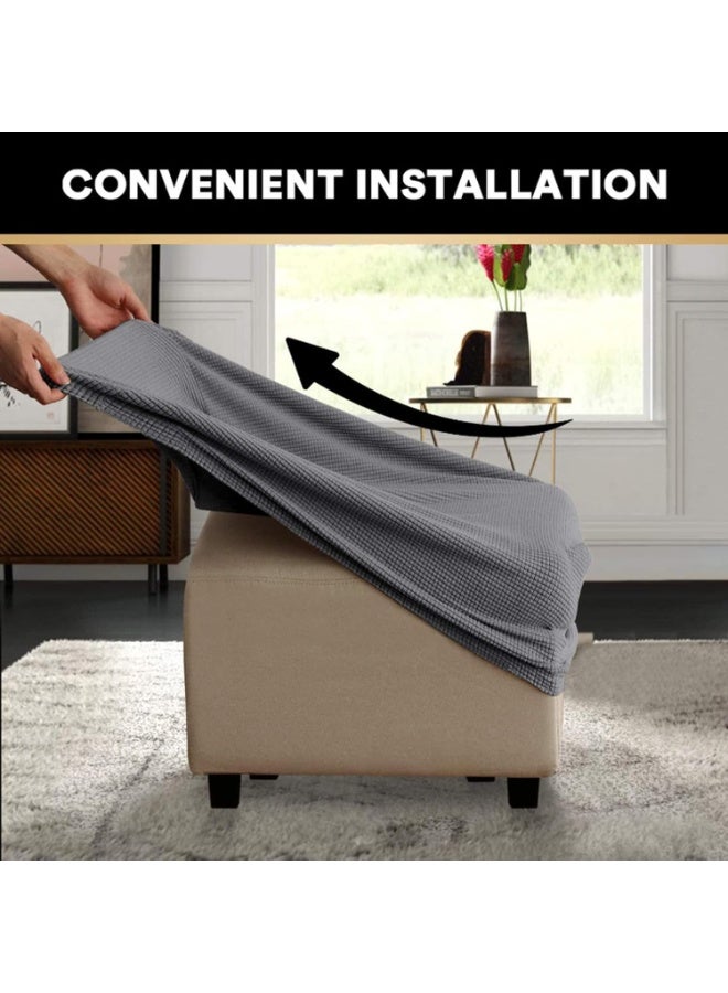 Stretch Ottoman Cover, Ottoman Slipcovers, Dustproof Pouffe Cover Elastic Detachable Stool Cover, Thick Checked Jacquard Fabric with Elastic Bottom, Washable,Beige,L - Image 3