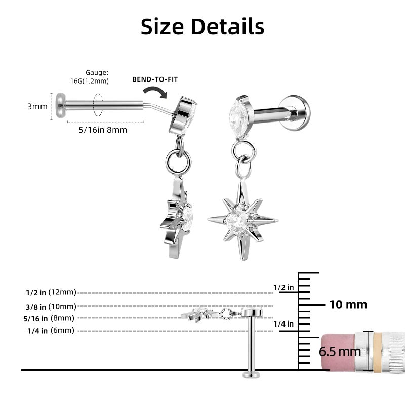Humorrap Titanium Earrings for Women 18G 6mm 8mm - ASTM F136 Titanium Cartilage Piercing Jewelry for Tragus Helix Conch - Image 2