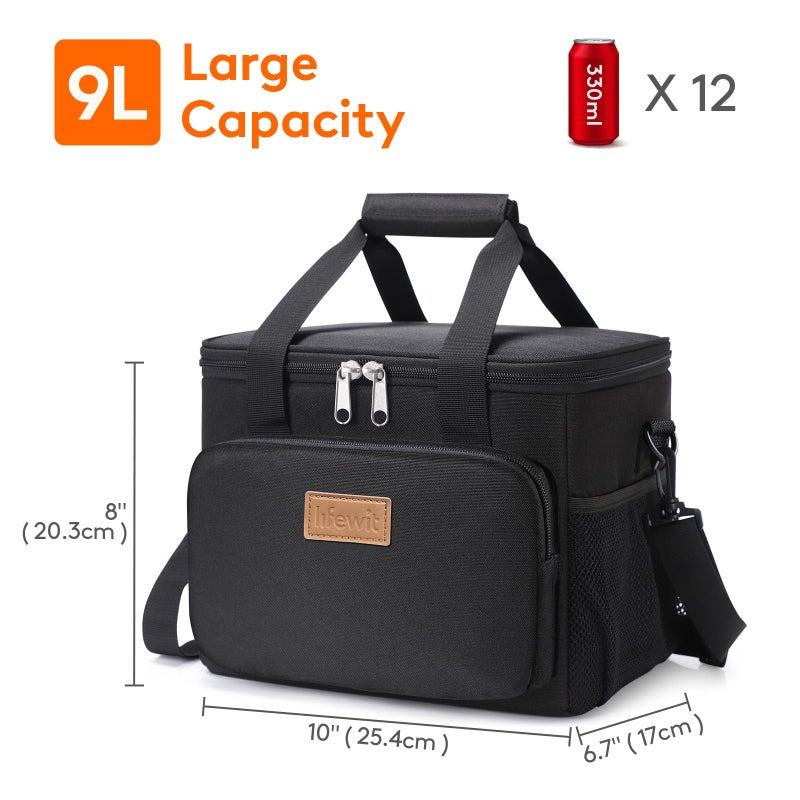 Lifewit حقيبة غداء متوسطة من لايف ويت معزولة صندوق غداء مبرد ناعم لحقيبة تبريد للبالغين رجال ونساء، سوداء 12 علبة (9 لتر) - Image 4