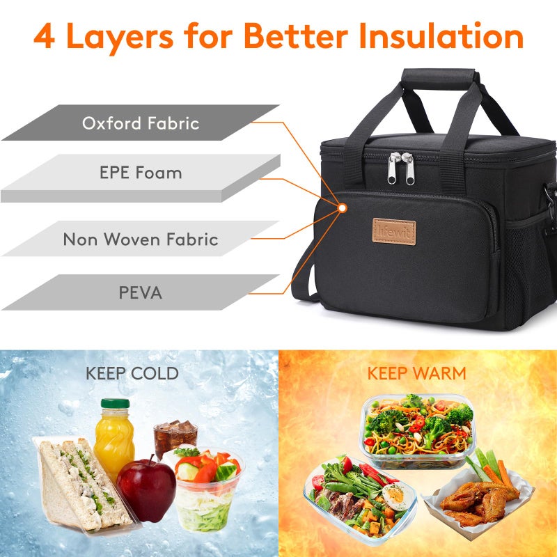 Lifewit حقيبة غداء متوسطة من لايف ويت معزولة صندوق غداء مبرد ناعم لحقيبة تبريد للبالغين رجال ونساء، سوداء 12 علبة (9 لتر) - Image 2