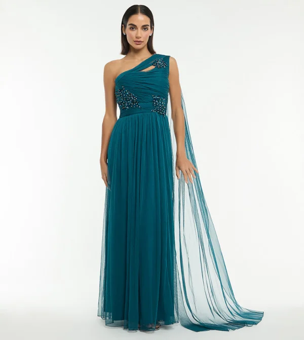 BCBG BCBG EMBELLISHED ONE SHOULDER MAXI GOWN