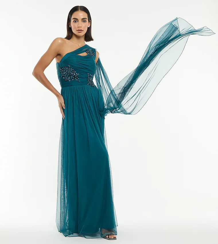 BCBG BCBG EMBELLISHED ONE SHOULDER MAXI GOWN