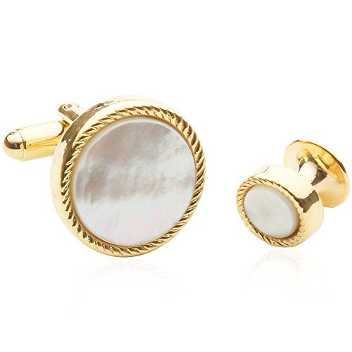 Cuff-Daddy Gold Tone Mother of Pearl Cufflinks and Studs - Tuxedo Goldtone Cufflinks Round Ribbed Tuxedo Formal Set with MOP in Presentation Gift Box - 5/8" and 3/8" - Image 2