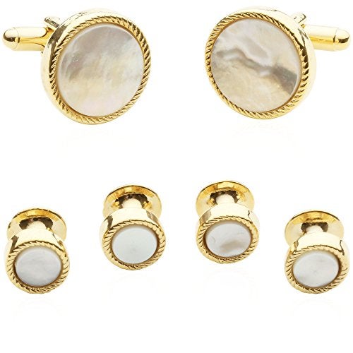 Cuff-Daddy Gold Tone Mother of Pearl Cufflinks and Studs - Tuxedo Goldtone Cufflinks Round Ribbed Tuxedo Formal Set with MOP in Presentation Gift Box - 5/8" and 3/8" - Image 1