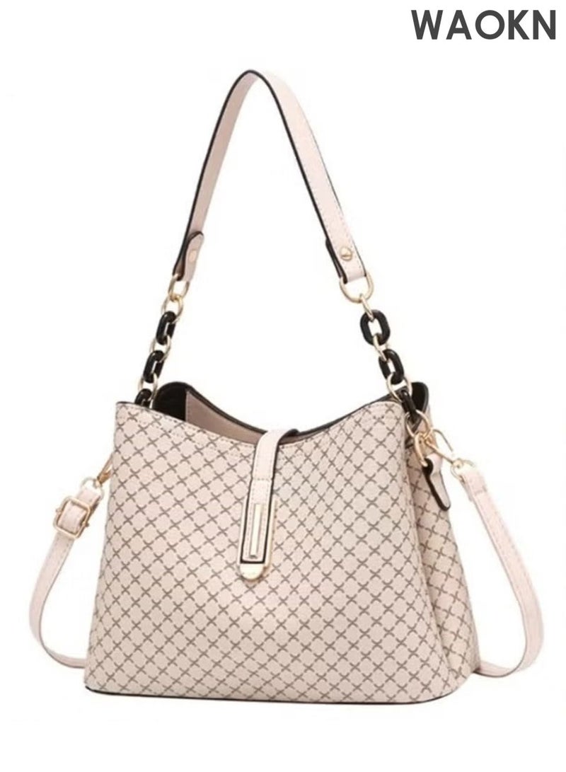 دبليو أيه أو كي أن حقيبة يد كبيرة من الجلد الصناعي، حقيبة كتف واسعة السعة للنساء والرجال، حقيبة أنيقة من الجلد اللامع باللون البيج، حقيبة يد وكتف مقاومة للماء، حقيبة يد نسائية وحقيبة كروس بودي للأم والزوجة، مناسبة للجنسين، حقيبة كروس بودي كبيرة السعة، مناسبة للتنقل إلى العمل والتسوق. - Image 1