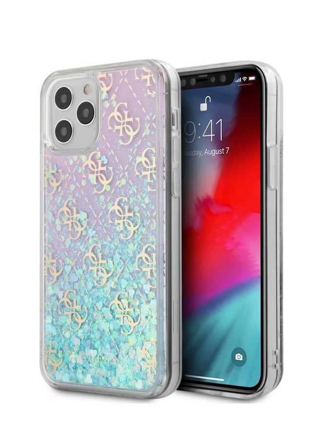 GUESS iPhone 12 / 12 Pro Case 6.1inch Liquid Glitter 4G Pattern Pink Background Phone Back Cover / Drop Protection / Officially Licensed - Iridescent - Image 1