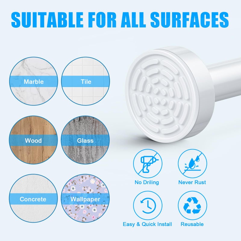 TEECK Shower Curtain Rod, 32-68 inch Adjustable Spring Tension Curtain Rod, Never Rust Anti-Slip Shower Curtain Rod for Bathroom, No Drilling, Never Collapse, Easy to Use, White - Image 5
