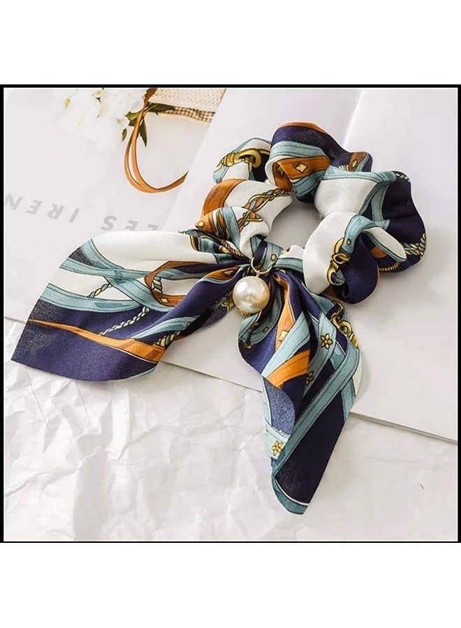 Ziory 1Pc Navy Blue Printed Chiffon Bowknot Elastic Pearl Scrunchies Headband Hair Ties Ponytail Holder Hair Accessories - Image 2