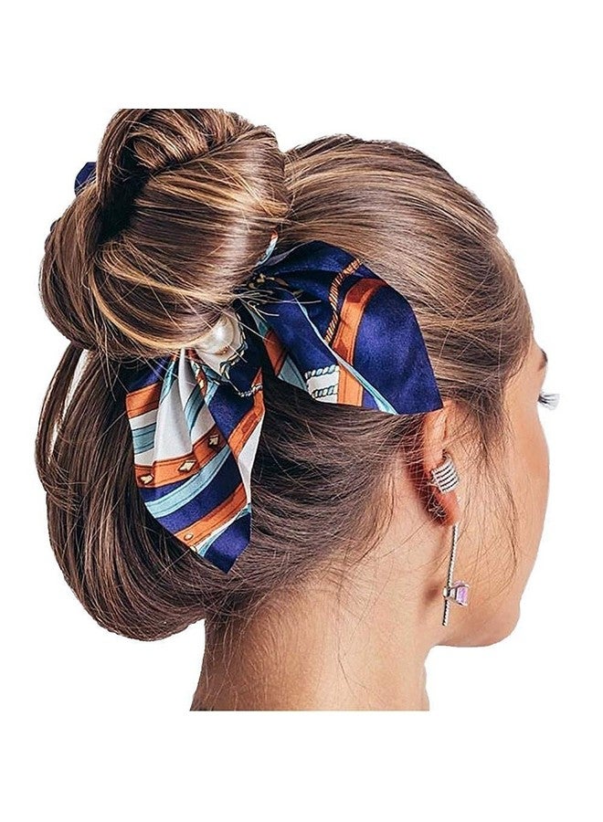 Ziory 1Pc Navy Blue Printed Chiffon Bowknot Elastic Pearl Scrunchies Headband Hair Ties Ponytail Holder Hair Accessories - Image 1