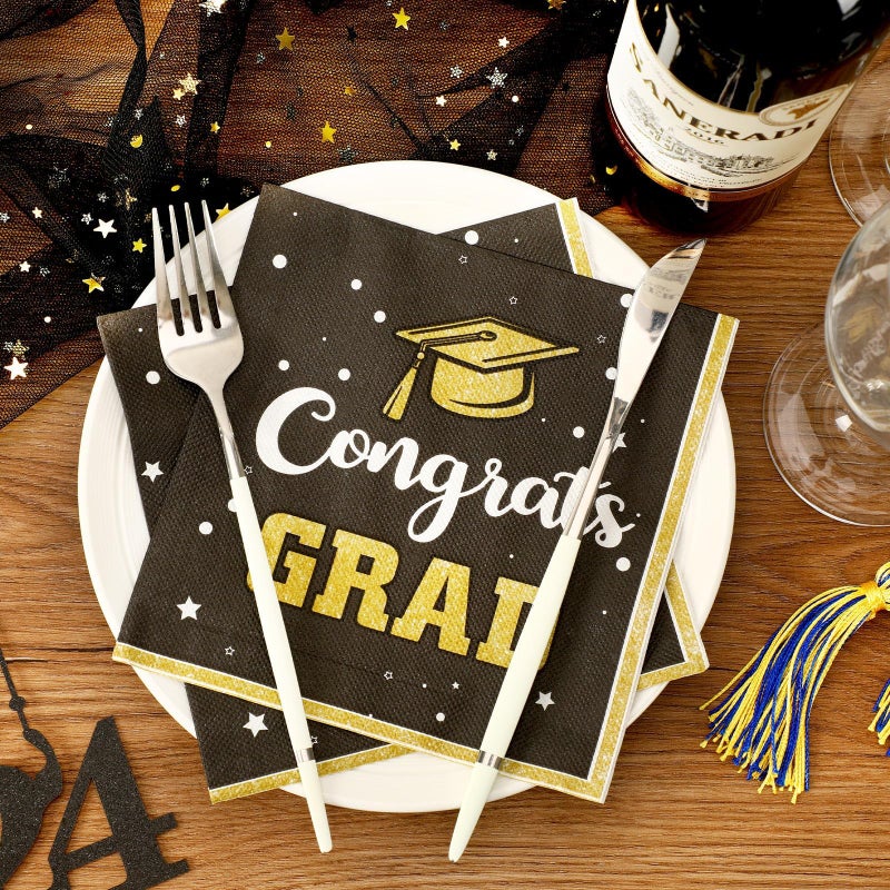 JULMELON 100 Graduation Napkins Black and Gold 2025 Congrats Grad Themed Party Luncheon Paper Napkins Disposable Graduation Decoration Supplies - Image 4