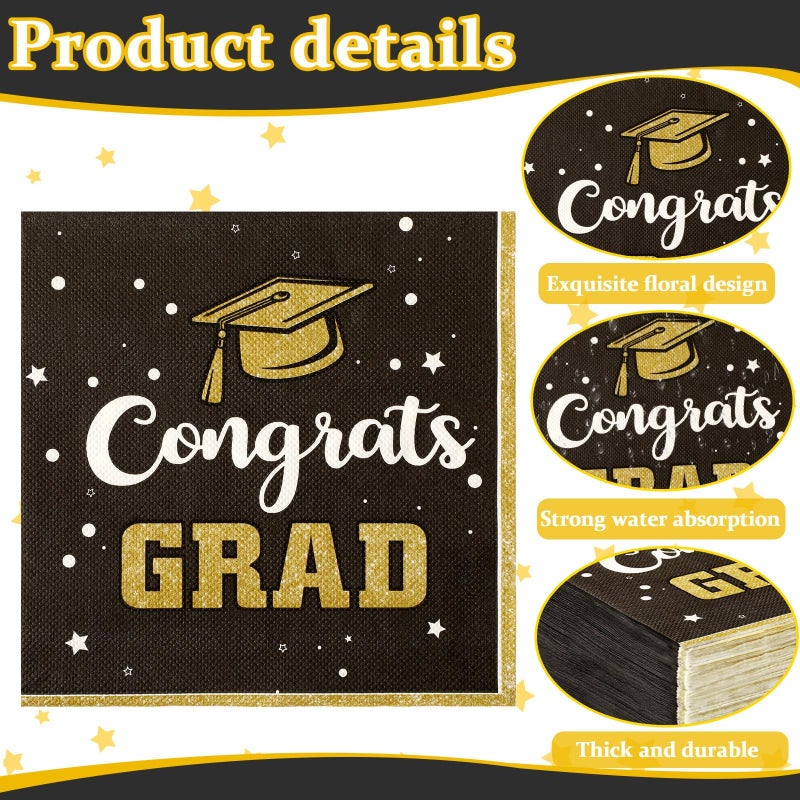 JULMELON 100 Graduation Napkins Black and Gold 2025 Congrats Grad Themed Party Luncheon Paper Napkins Disposable Graduation Decoration Supplies - Image 2