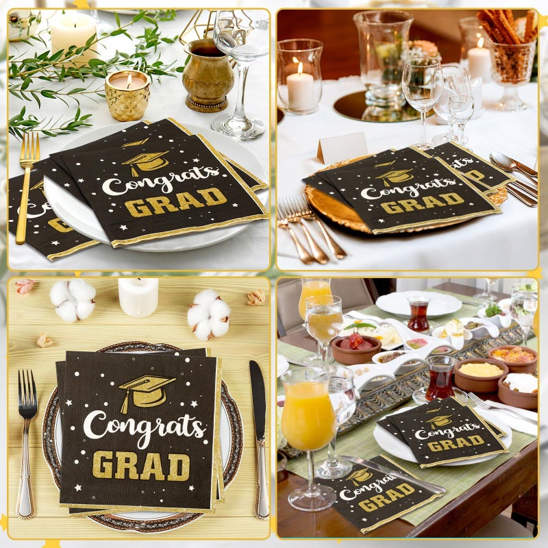 JULMELON 100 Graduation Napkins Black and Gold 2025 Congrats Grad Themed Party Luncheon Paper Napkins Disposable Graduation Decoration Supplies - Image 3