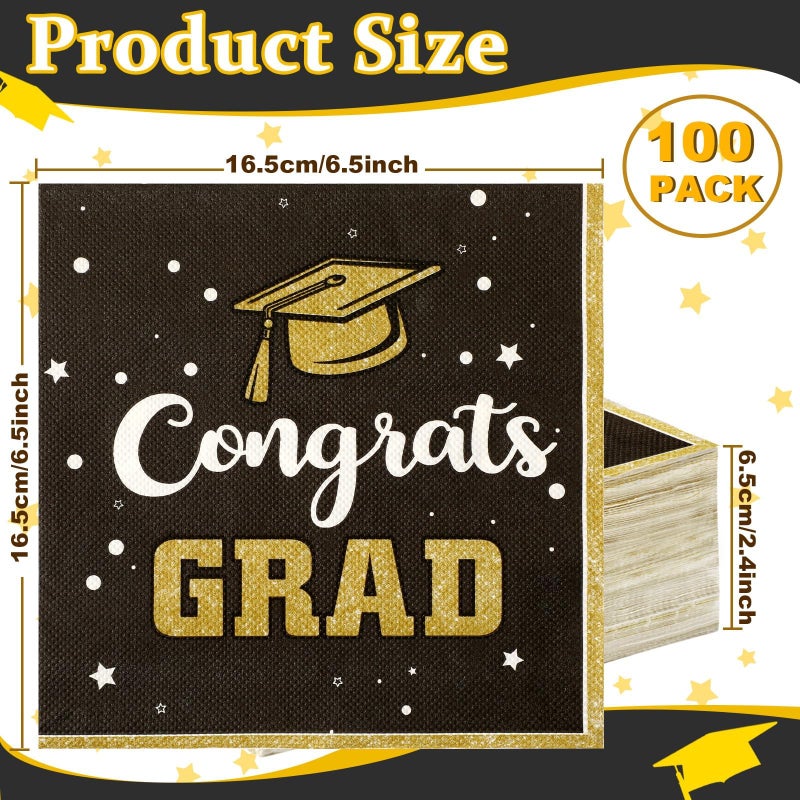 JULMELON 100 Graduation Napkins Black and Gold 2025 Congrats Grad Themed Party Luncheon Paper Napkins Disposable Graduation Decoration Supplies - Image 1