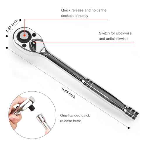 Egofine مجموعة مفاتيح صمولة إيغوفاين 1/2"، 23 قطعة قياسية SAE (7/16 إلى 1 بوصة) ومترية (13-19، 21، 22، 24 مم) 6 نقاط، مع مفتاح ربط سريع الإطلاق، قضبان تمديد، محول مثقاب - Image 3