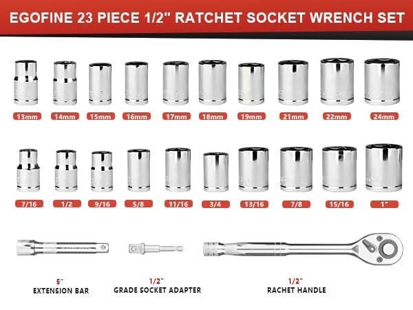 Egofine مجموعة مفاتيح صمولة إيغوفاين 1/2"، 23 قطعة قياسية SAE (7/16 إلى 1 بوصة) ومترية (13-19، 21، 22، 24 مم) 6 نقاط، مع مفتاح ربط سريع الإطلاق، قضبان تمديد، محول مثقاب - Image 2