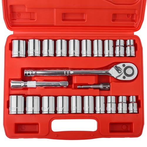 Egofine مجموعة مفاتيح صمولة إيغوفاين 1/2"، 23 قطعة قياسية SAE (7/16 إلى 1 بوصة) ومترية (13-19، 21، 22، 24 مم) 6 نقاط، مع مفتاح ربط سريع الإطلاق، قضبان تمديد، محول مثقاب - Image 1