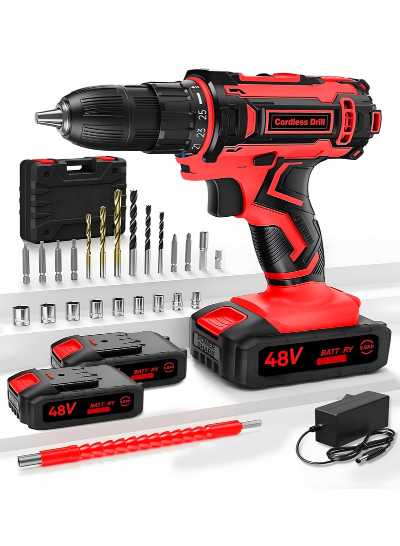 GREATEC Cordless Drill, 48V, 2.0Ah Li-Ion Battery, 42Nm Electric Power Tool for Drilling in Wood, Metal & Masonry, 25+1 Torque, Variable Speed, Kitbox Included - Image 1