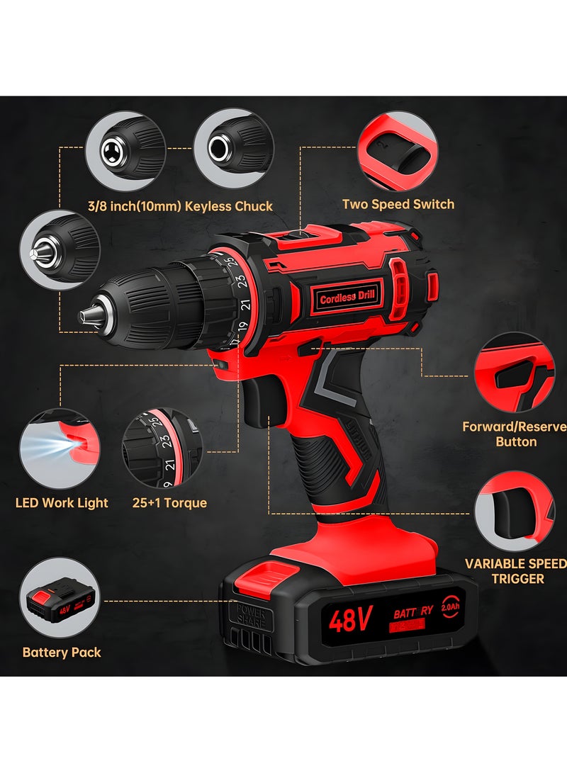 GREATEC Cordless Drill, 48V, 2.0Ah Li-Ion Battery, 42Nm Electric Power Tool for Drilling in Wood, Metal & Masonry, 25+1 Torque, Variable Speed, Kitbox Included - Image 2