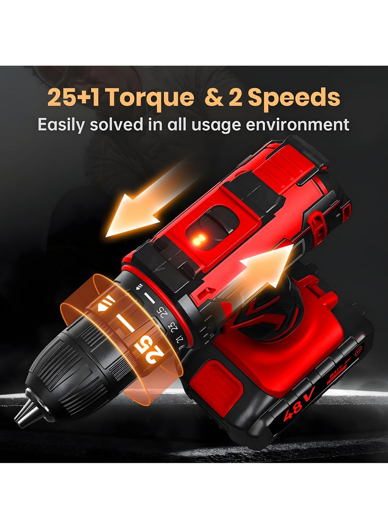 GREATEC Cordless Drill, 48V, 2.0Ah Li-Ion Battery, 42Nm Electric Power Tool for Drilling in Wood, Metal & Masonry, 25+1 Torque, Variable Speed, Kitbox Included - Image 3