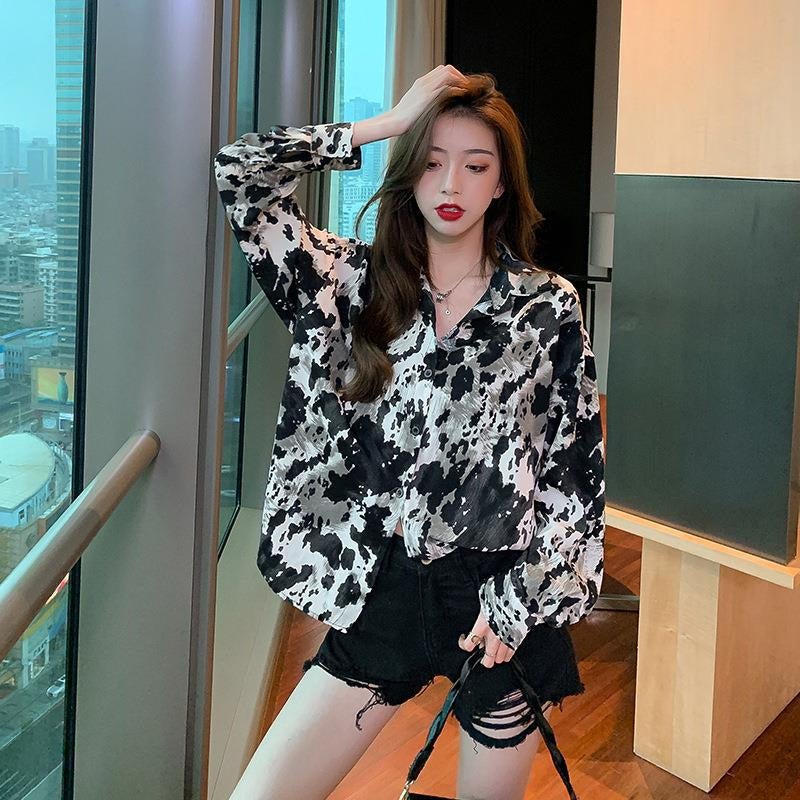 New Retro Hong Kong style lazy style loose ink black and white printed tie-dyed drape long sleeve chiffon shirt chiffon Picture color