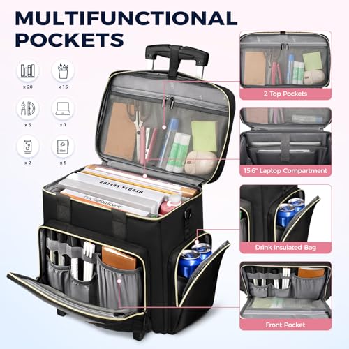 Ytonet Rolling Teacher Bag, 15.6 Inch Rolling Laptop Bag with Detachable Dolly & File Teacher Tote, Large Roller Briefcase for Women Teaching Office Work Craft Nurse, Black - Image 5
