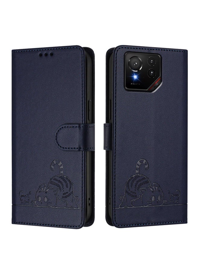 HuHa Case Cover For Asus ROG Phone 9 / 9 Pro Cat Rat Embossed Pattern RFID Leather Phone Case with Lanyard(Blue) - Image 2