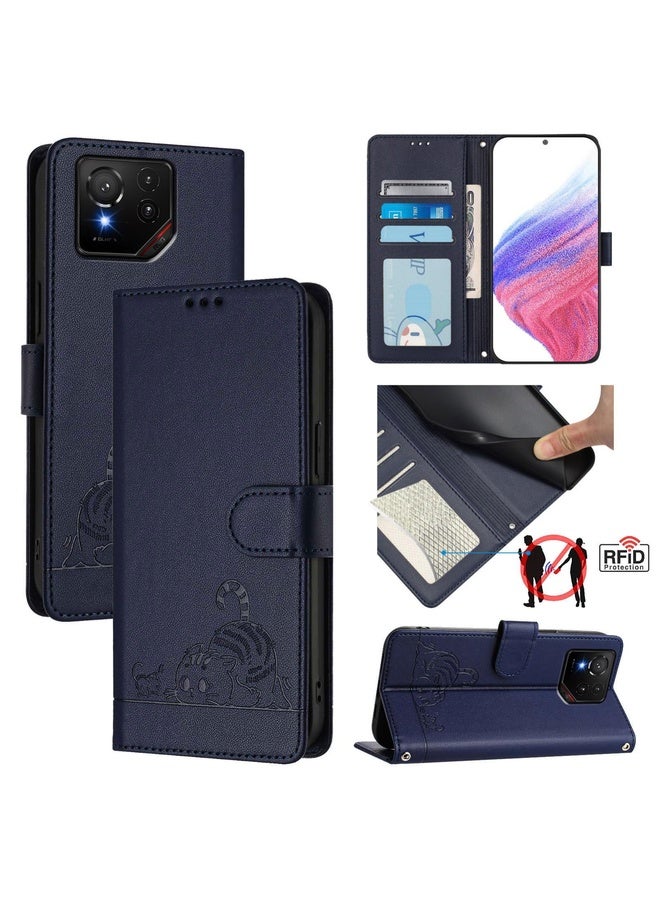HuHa Case Cover For Asus ROG Phone 9 / 9 Pro Cat Rat Embossed Pattern RFID Leather Phone Case with Lanyard(Blue) - Image 1