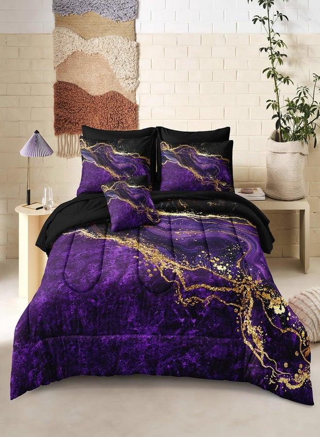 Bedorm Black Gold Comforter Set 8 Pcs Purple Marble Bedding Set King Size Bed in A Bag Purple and Black Marble Stone Texture Abstract Room Decor Black Marble Bed Comforter - Image 3