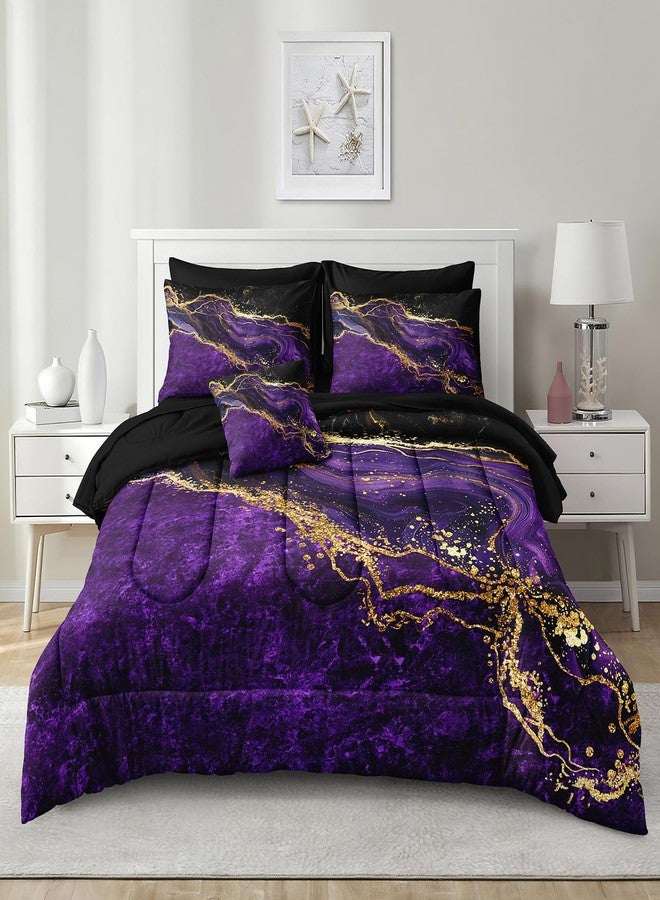 Bedorm Black Gold Comforter Set 8 Pcs Purple Marble Bedding Set King Size Bed in A Bag Purple and Black Marble Stone Texture Abstract Room Decor Black Marble Bed Comforter - Image 2