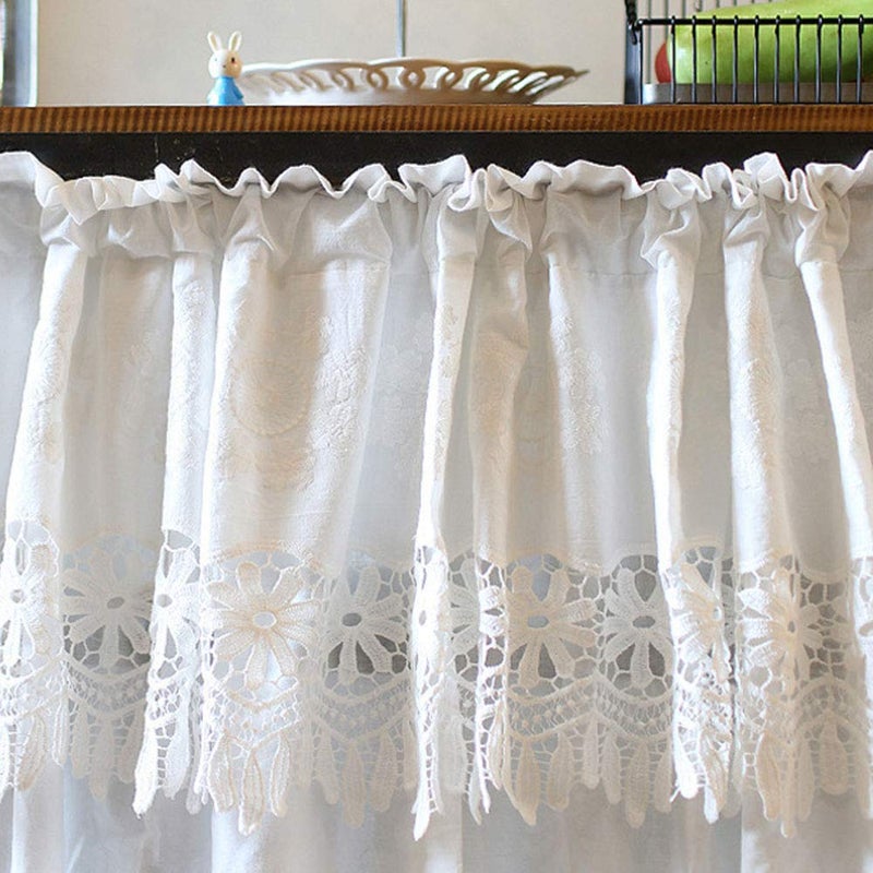vctops Bohemian Floral Embroidered Cotton Cafe Tier Curtain with Attached Valance Country Style Lace Half Window Curtain Kitchen Curtains (59"x33",White) - Image 4