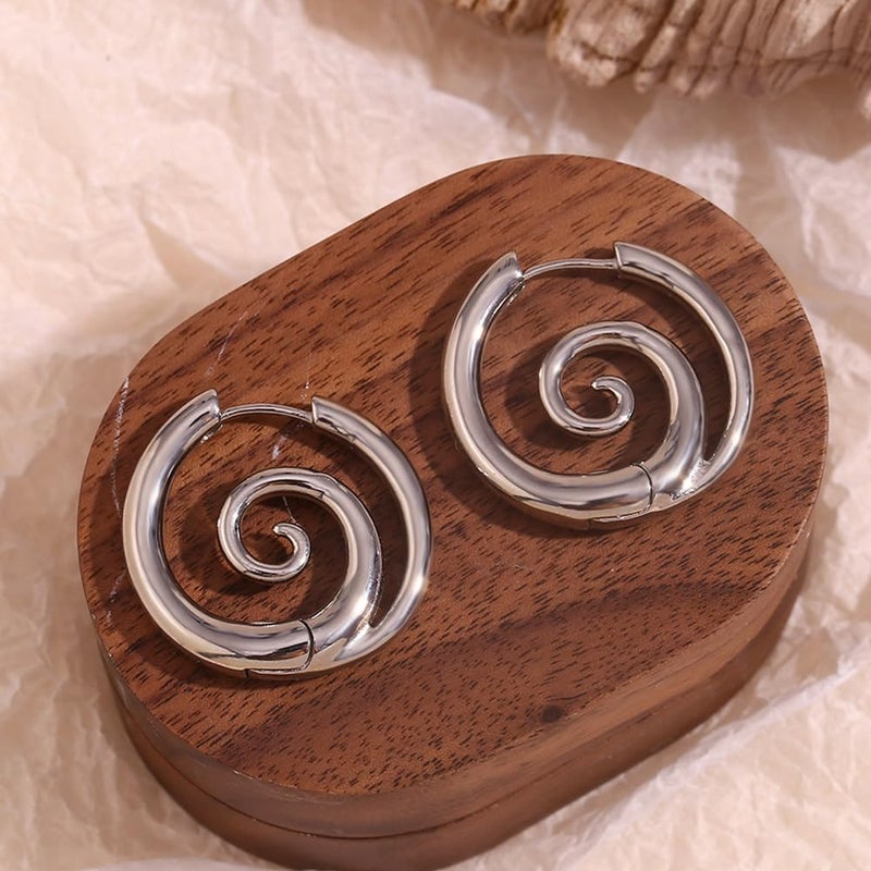 Izpack Sea Wave Spiral Hoop Earrings for Women Stainless Steel 18K Gold Plated Swirl Chunky Round Huggie Hoops Earring Fashion Birthday Jewelry Gifts Holiday (Silver) - Image 4