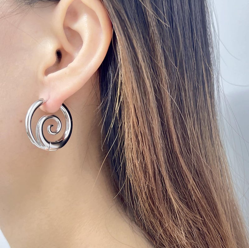 Izpack Sea Wave Spiral Hoop Earrings for Women Stainless Steel 18K Gold Plated Swirl Chunky Round Huggie Hoops Earring Fashion Birthday Jewelry Gifts Holiday (Silver) - Image 2