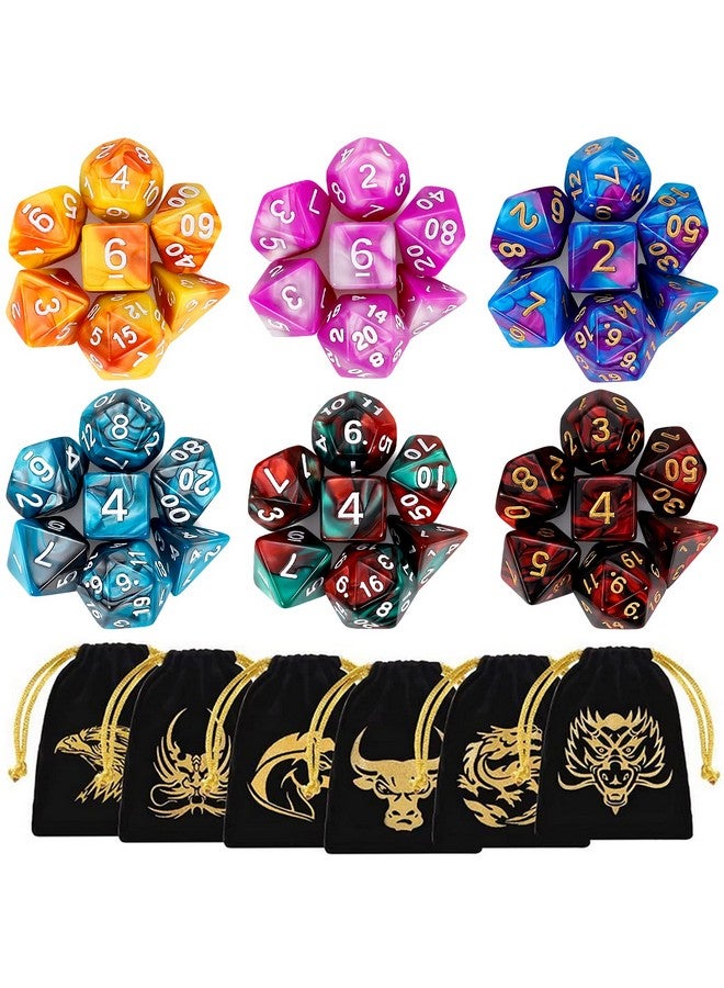 QMay DND Dice Sets - 6 X 7 Polyhedral Dice (42pcs) with 6 Drawstring Bags for Dungeons and Dragons, RPG, MTG,Role Playing Table Game - Image 1