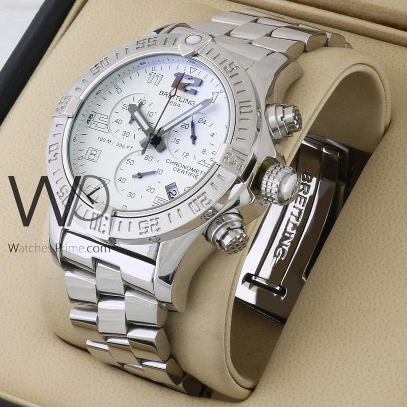 Breitling Chronograph White Watch for Men with Silver Stainless steel strap 1144