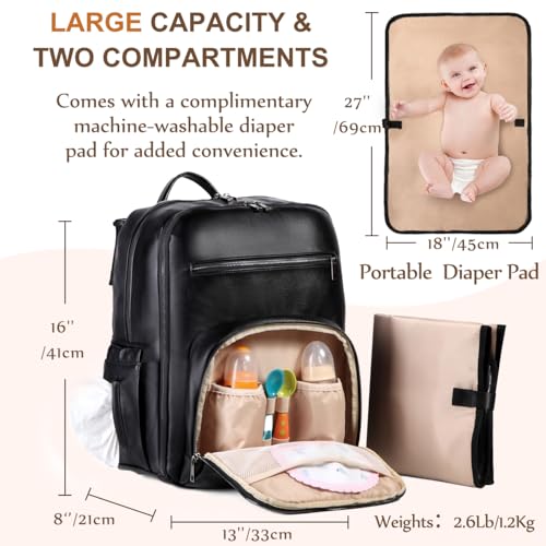 VASCHY Diaper Bag Backpack for Mum Dad Unisex Large Waterproof Vegan Leather Baby Bag with Changing PadInsulated PocketsPadded Laptop Sleeve for TravelBlack - Image 3