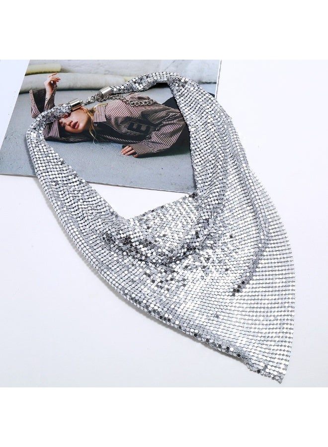 Metal sequined triangle scarf silk scarf necklace personality exaggerated necklace necklace jewelry-silver - Image 2