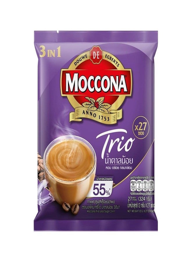 DE Trio Less Sugar 3-in-1 Instant Coffee | 55% Reduced Sugar | Smooth & Balanced Tasted | Ready Mix Coffee Sachets | Just Add Hot Water | 324gm (12gm X 27 sticks)
