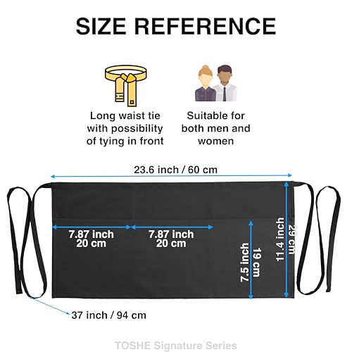 TOSHE Waist Apron with 3 Pockets Waterdrop Resistant Premium Cotton Waitress Apron 10 Color Option Server Apron Chef Apron (Black) - Image 4