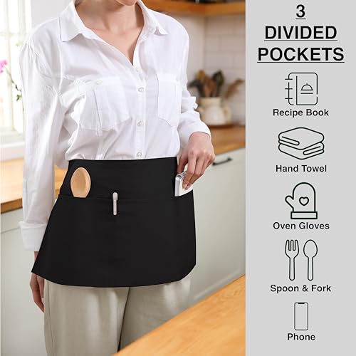 TOSHE Waist Apron with 3 Pockets Waterdrop Resistant Premium Cotton Waitress Apron 10 Color Option Server Apron Chef Apron (Black) - Image 3
