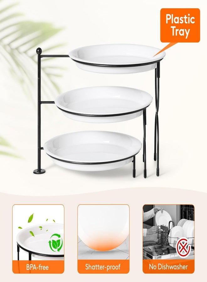 Lifewit Plastic 3 Tier Serving Tray Platter for Party Entertaining, 10" × 10" Large Dessert Table Display Set, White Reusable Round Dishes with Black Metal Display Stand for Veggie, Fruit, Cookies - Image 4