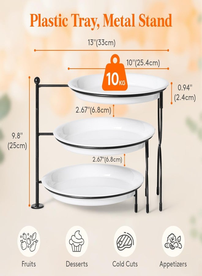 Lifewit Plastic 3 Tier Serving Tray Platter for Party Entertaining, 10" × 10" Large Dessert Table Display Set, White Reusable Round Dishes with Black Metal Display Stand for Veggie, Fruit, Cookies - Image 2