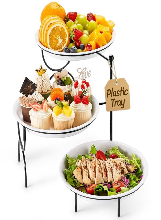 Lifewit Plastic 3 Tier Serving Tray Platter for Party Entertaining, 10" × 10" Large Dessert Table Display Set, White Reusable Round Dishes with Black Metal Display Stand for Veggie, Fruit, Cookies - Image 1