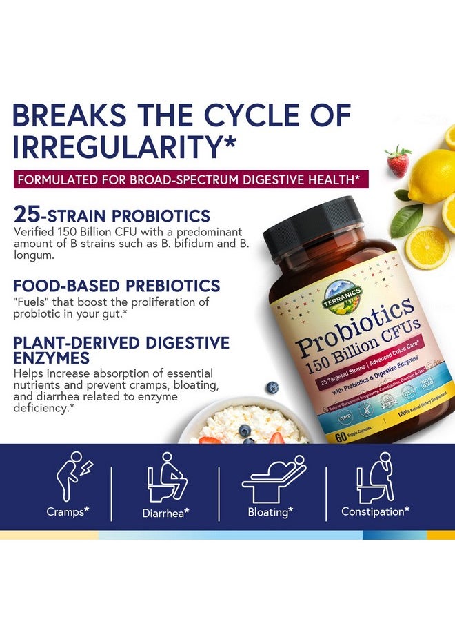 Terranics - Daily Probiotics For Men & Women 150 Billion 25 Strains Colon Care Probiotics With Prebiotics & Enzymes Healthy Regularity Delayed Release Shelf Stable 60 Veggie Caps - Image 1