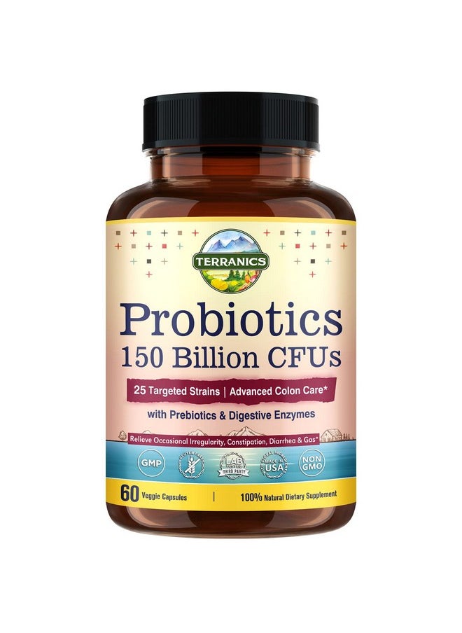 Terranics - Daily Probiotics For Men & Women 150 Billion 25 Strains Colon Care Probiotics With Prebiotics & Enzymes Healthy Regularity Delayed Release Shelf Stable 60 Veggie Caps - Image 1