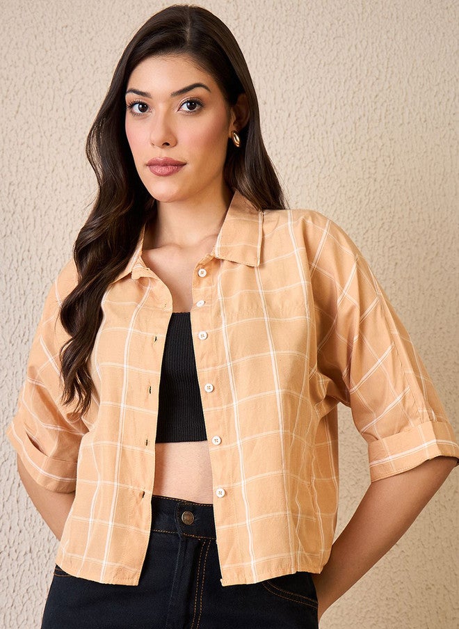 CHIMPAAANZEE Peach Checked Spread Collar Crop Shirt - Image 2
