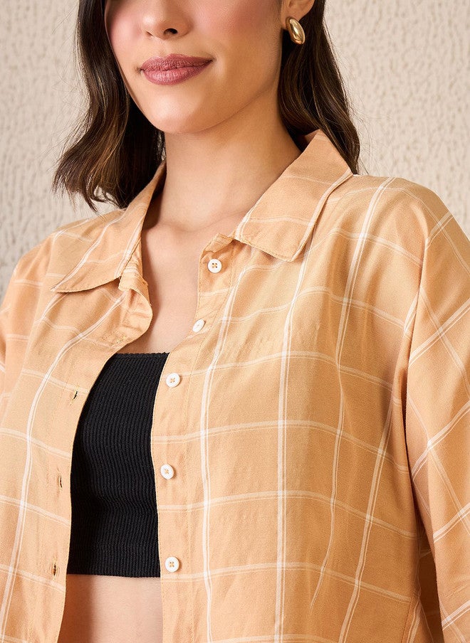 CHIMPAAANZEE Peach Checked Spread Collar Crop Shirt - Image 3