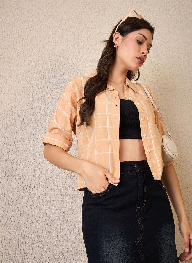 CHIMPAAANZEE Peach Checked Spread Collar Crop Shirt - Image 1