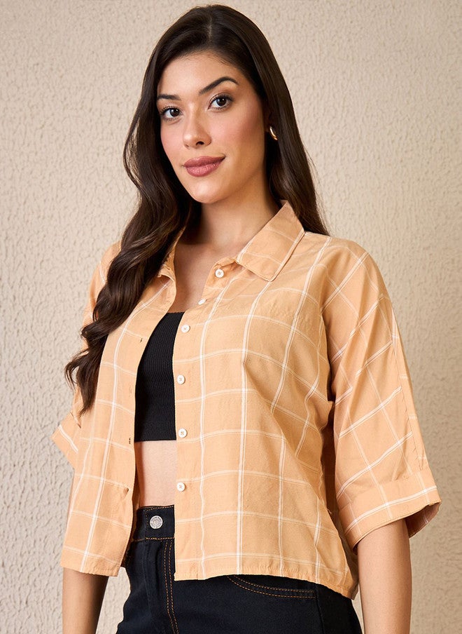 CHIMPAAANZEE Peach Checked Spread Collar Crop Shirt - Image 4