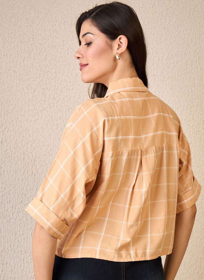CHIMPAAANZEE Peach Checked Spread Collar Crop Shirt - Image 5