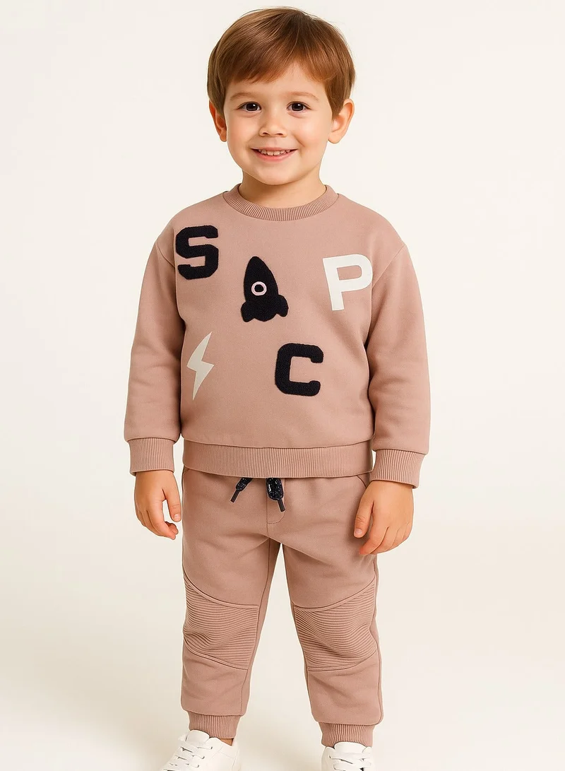 Dirkje Boys Space Patch Fleece Tracksuit – Sand- 2-Piece Set